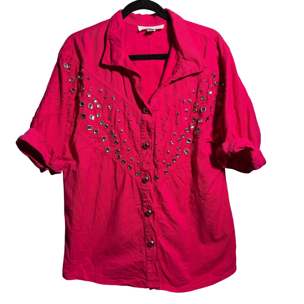 VTG 80s Hot Pink Star Studded Rodeo Top‎ Button Up Short Sleeve Glam Western L